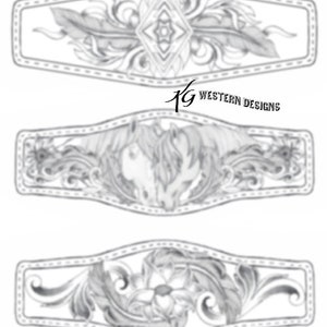 May include: Three black and white line drawings of different designs for leatherwork. The designs are for a belt buckle, a concho, and a wallet. The designs are all intricate and detailed.