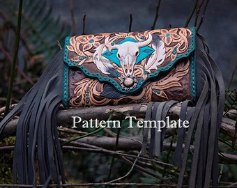 Leather Wallet Tooled Phone Bi-Fold Clutch Purse with Fringe Template PDF Pattern + 3 Tooling Designs.