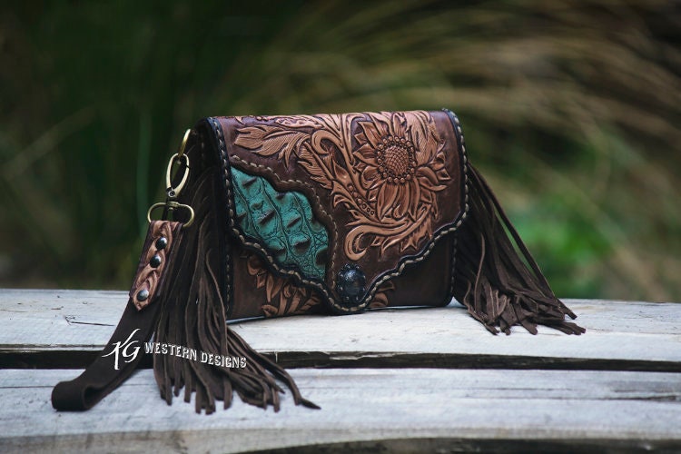 Western tooled leather floral and cowhide inlay fringe round purse