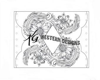 Bouquet Wrap Pattern, Sunflowers and Feathers, 6x8 Design, Tooling, Carving DIY Tracing Pattern