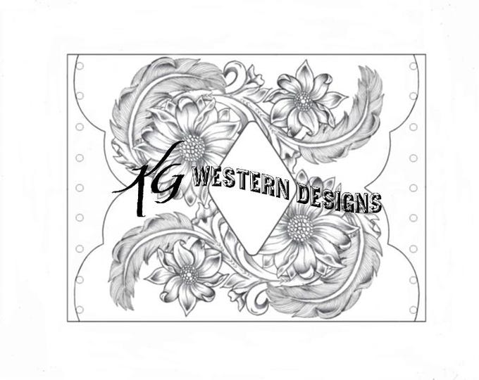 Bouquet Wrap Pattern, Sunflowers and Feathers, 6x8 Design, Tooling, Carving DIY Tracing Pattern