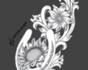 Leather Tooling- Horseshoe and Sunflower Daisy Flowers Vines- Tracing Pattern Design