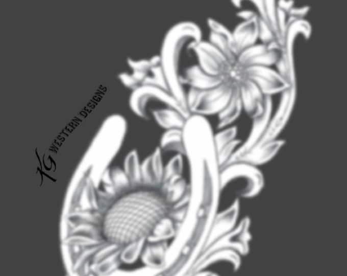 Leather Tooling- Horseshoe and Sunflower Daisy Flowers Vines- Tracing Pattern Design