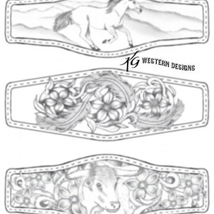 Running-Horse-Mountains, Feathers-Vines-Flowers, Longhorn-Steer-Flowers Leather Bracelet Cuff Tooling Pattern Pack