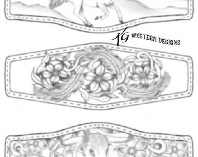 Running-Horse-Mountains, Feathers-Vines-Flowers, Longhorn-Steer-Flowers Leather Bracelet Cuff Tooling Pattern Pack