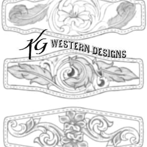 Könnte beinhalten: Drei Schwarzweiß-Zeichnungen von Ledergravuren. Die Designs zeigen florale und Federmotive. Der Text "KG Western Designs" ist unterhalb des oberen Designs sichtbar.