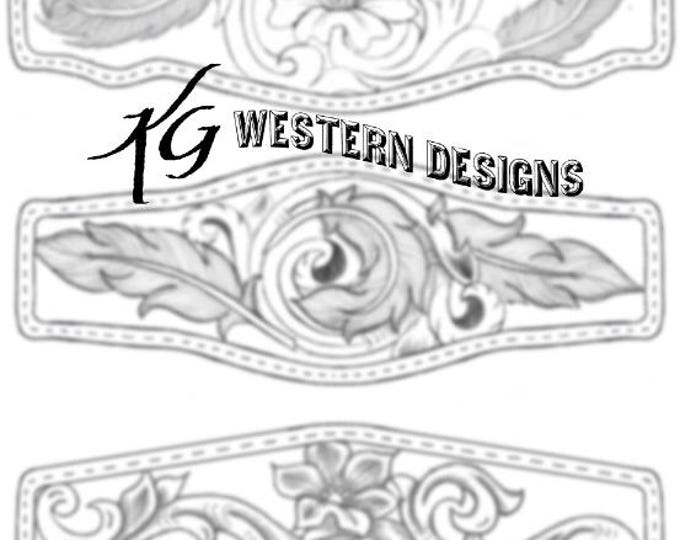Leather Bracelet/Cuff Tooling Pattern Pack #8 Feathers, Vine Filigree, Flowers, Western Bronc Halter Designs