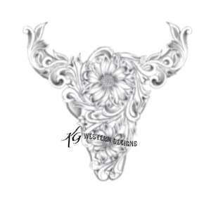 Sunflowers-Vines in Shape of Cowskull Western Design Carving Leather Tooling Tracing Pattern