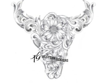 Sunflowers-Vines in Shape of Cowskull Western Design Carving Leather Tooling Tracing Pattern