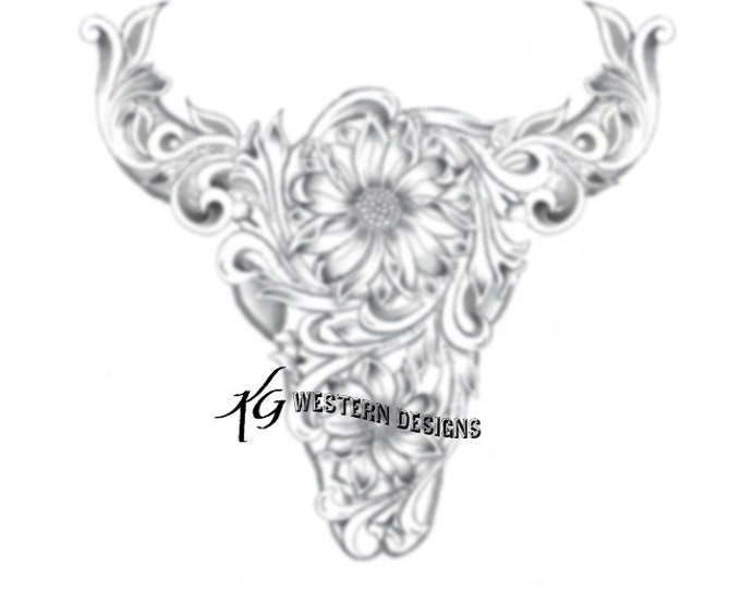 Sunflowers-Vines in Shape of Cowskull Western Design Carving Leather Tooling Tracing Pattern