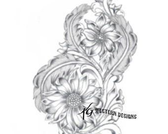 flowerlower320design Brown Feather Leather Tooling Feathers-sunflowers-daisy Floral Vines- Rope