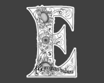 Letter E- Leather Tooling- Feathers-Vines & Sunflowers Filigree Tracing Design Pattern