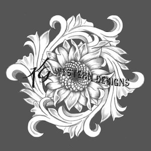May include: A black and white illustration of a sunflower with intricate floral designs surrounding it. The text "Western Designs" is visible in the image.