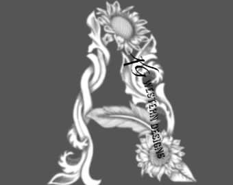 Letter A- Leather Tooling- Feathers-Vines & Sunflowers Filigree Tracing Design Pattern