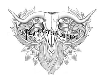 Leather Tooling Western Longhorn Cow Skull Vines Tracing Template Pattern Design