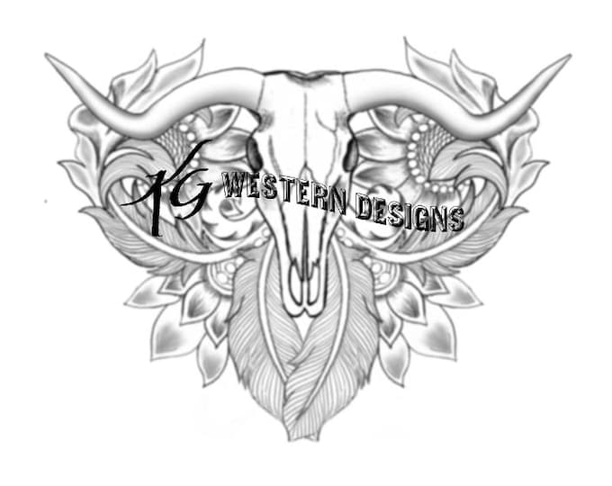 Leather Tooling Western Longhorn Cow Skull Vines Tracing Template Pattern Design