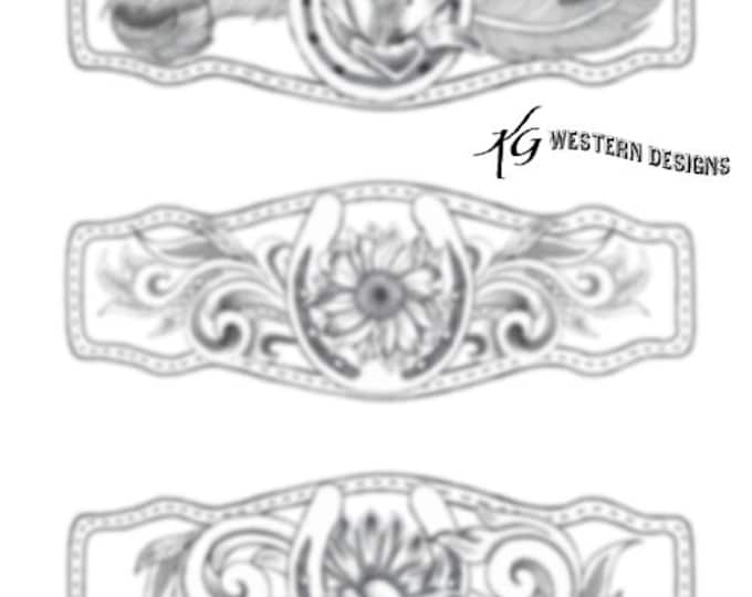 Leather Tooling Cuff Patterns -Horseshoes, Sunflowers, Daisy, Lilly and Feathers DIY Design Bracelet Pack Download