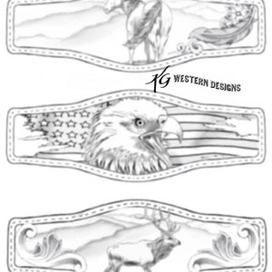 May include: Three black and white line drawings of western designs. The top design features a horse, the middle design features an eagle, and the bottom design features an elk.