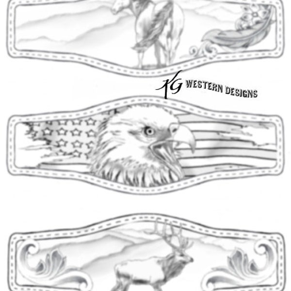 Horse-Mountains, Eagle-Flag, Elk-Mountains Leather Bracelet Cuff Tooling Pattern Pack