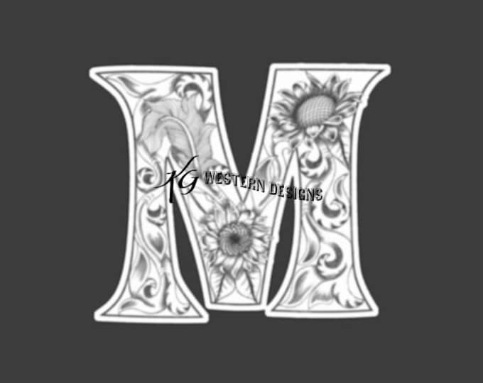 Letter M - Leather Tooling- Feathers-Vines & Sunflowers Filigree Tracing Design PDF Pattern