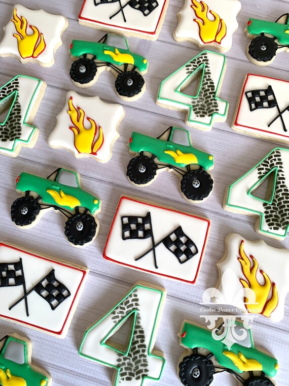 1 Dozen Monster Trucks Decorated Sugar Cookies Etsy