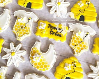 1 Dozen Bee Mommy To Bee Onesie Honeycomb Bee Hive Flowers Baby Shower Birthday Cookies