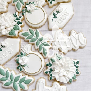 1 Dozen Wedding Bridal White Green Gold Love Florals Greenery Ring Date Decorated Sugar Cookies