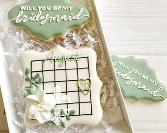Will You Be My Bridesmaid Bridesman Matron Of Honor Flower Girl Maid Of Honor Floral Wedding Calendar 2 pc cookie sets.