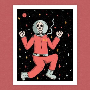 Impresión de 8" x 10" de Perdido en el espacio - Ilustraciones de esqueletos - Arte del espacio exterior - Impresión de arte de esqueletos lindos - Decoración de pared colorida - Arte de astronautas