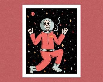 Lost in Space 8" x 10" Print - Skeleton Illustrations - Outer Space Artwork - Cute Skeleton Art Print - Colorful Wall Decor - Astronaut Art