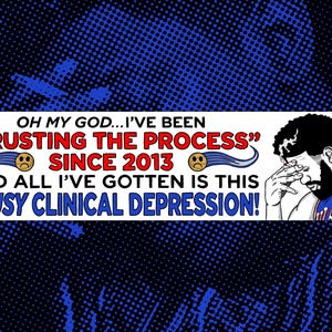 May include: A humorous image with a cartoon of a basketball player with a sad face. The text reads "Oh my god... I've been "Trusting the Process" since 2013 and all I've gotten is this lousy clinical depression!"