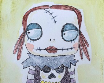 Gotische Güte zeigt in diesem OOAK kleine Gemälde einer Voodoo Puppe. Ihr Name ist Daphne Sideglance. Ungerahmte Original-Kunst. Mischtechnik.