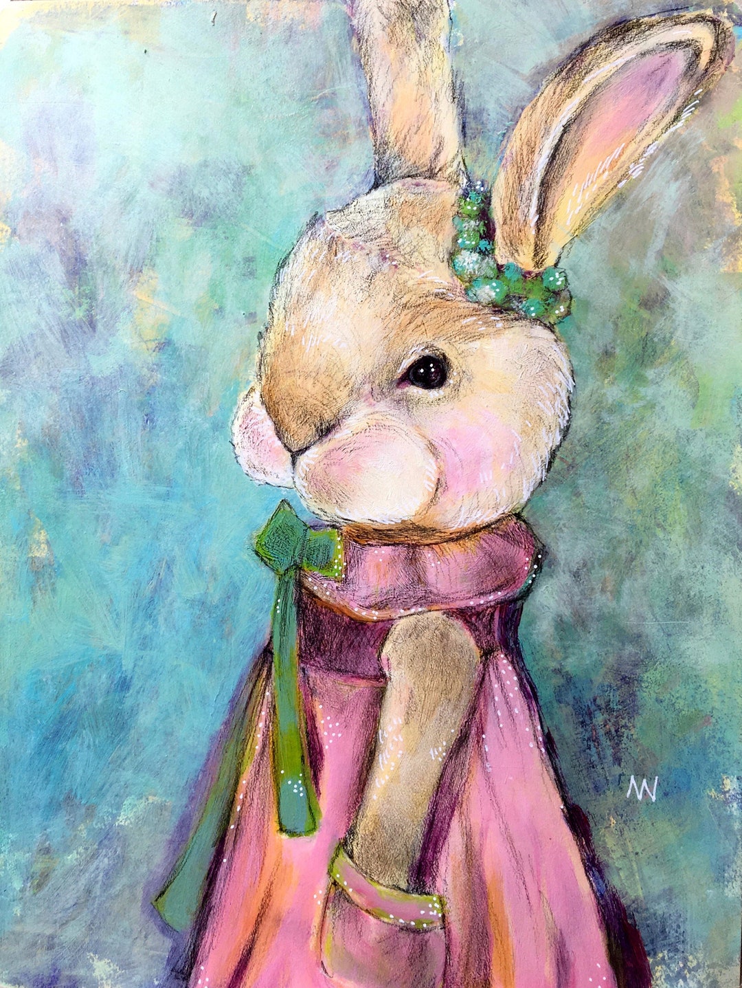 Bunny in a Pink Dress. Handmade Wallart. OOAK Painting. This Little ...