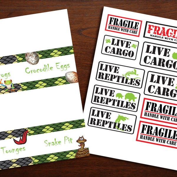 Reptile Party Accessories (Box Stickers and Food table tent cards)