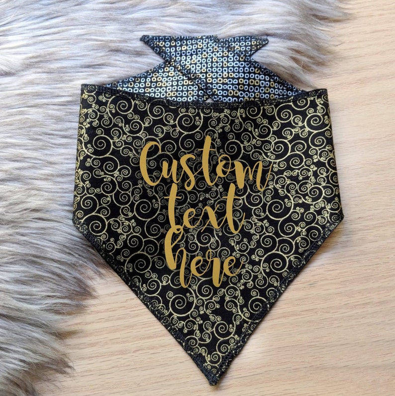 Personalize with Name or Quote Perfect for Holidays and Weddings Black and Metallic Gold Reversible Dog Bandana