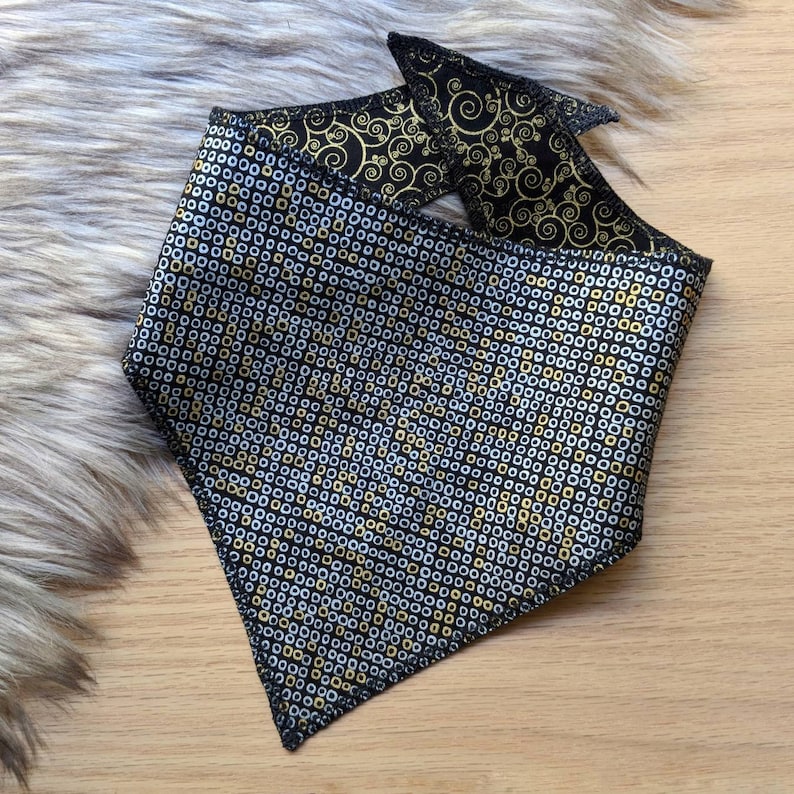 Personalize with Name or Quote Perfect for Holidays and Weddings Black and Metallic Gold Reversible Dog Bandana