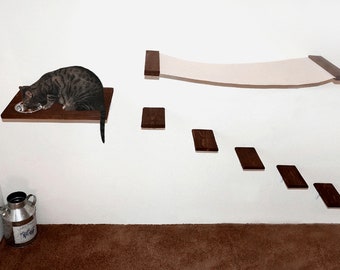 Cat Play Center Furniture Set Wall Mounted: Hammock Bed +Cat Feeding Shelf +5 Wide Steps/Ladder