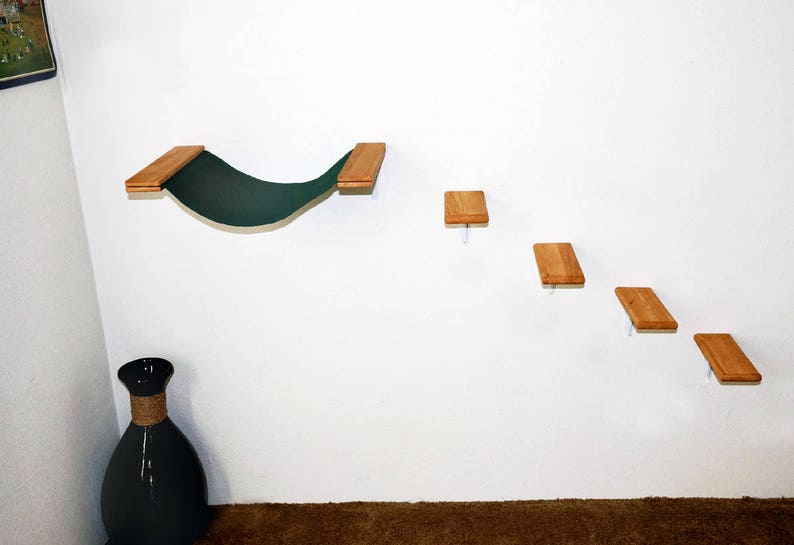 Cat Hammock Bed 4 Wood Steps Wall Mounted Shelf Shelves Perch Mount Furniture Climbing Kitty Condo Tree