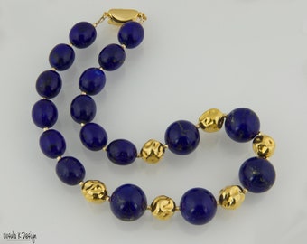 Elegant Necklace of the Highest Quality Lapis Lazuli with Large, Hammered Vermeil Beads. One-Of-A-Kind Statement Piece. Extra Special Gift