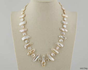 Necklace of Warm, Creamy Hued Biwa and Square Pearls with Gold Filled Accents. Affordable Gift for All Occasions