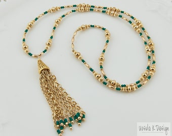 Elegant Long Golden Green Corundum Statement Necklace with Tassel, One-of-a-Kind Handcrafted Tassel Jewelry,  Special Occasion Gift