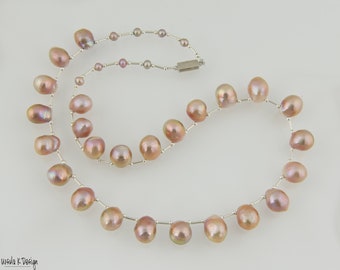 Pink Hued Pearl Drop Necklace with Sterling Silver Accents, in Different Lengths. Top-Drilled Pearl Necklace, Unusual Pearl Necklace