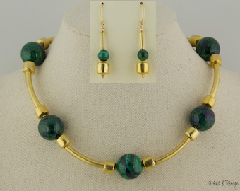 Choker Necklace of Five Large, Rare Malachite/Azurite gemstones, Hill Tribe Vermeil. Elegant, Unique Piece. Matching Earrings