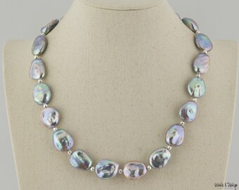 Necklace of Large, Gray Baroque Flat Pearls with Sterling Silver Accents. Unusual Gray Iridescent Pearls, Great Gift for Special Occasions