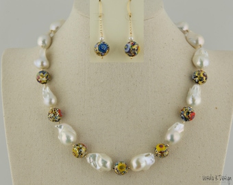 Necklace of Flawless Large White Baroque Pearls Accentuated With "Klimt" Murano Glass Beads. Unique Pearl Necklace, Something Very Different