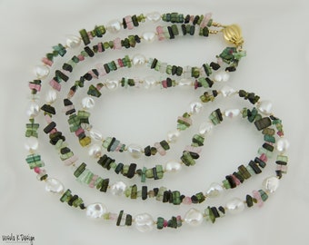 Double Strand Freshwater Keshi Pearl Tourmaline Necklace, One of a Kind Long Necklace, Gemstone Tourmaline, Multi Strand, Pink Green Pearl