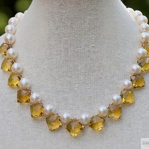 Citrina di miele sbilenca con collana di perle d'acqua dolce, novembre Birthstone, Collana cimelio di qualità gemma, gioielli da sposa, regalo per lei