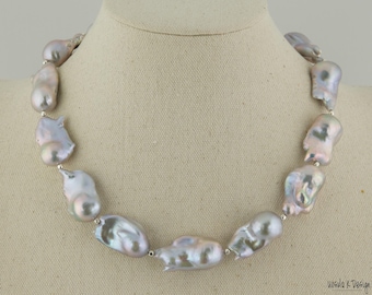Very Large Gray Baroque Pearl Necklace With Sterling Silver Accents, Beautiful Sterling Clasp. A Showpiece