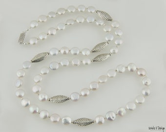 Long White Coin Pearl Necklace with Sterling Silver Accents. Can be Short Double Strander. Great Holiday Gift. Elegant Pearl Necklace