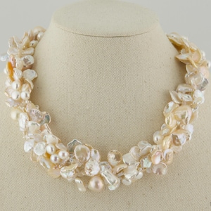 Elegant, Warm  3-Strand Twisted Necklace With Variety of Freshwater Keshi, Round, Biwa  & Coin Pearls. Great Mother&#39;s Day Gift
